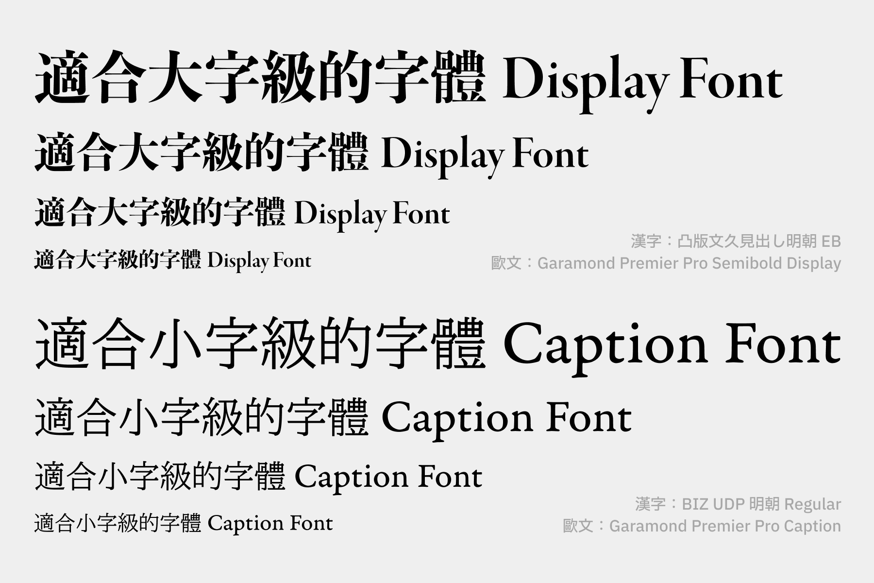 用在小字級的明體與適合大字級的明體比較