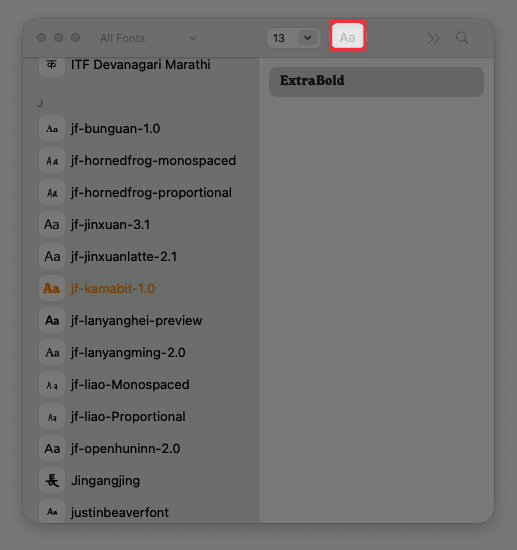 macOS Tahoe 以後之系統，開啟「顯示字體」面板後，需選擇中上方（字級旁）的 Aa 圖示。