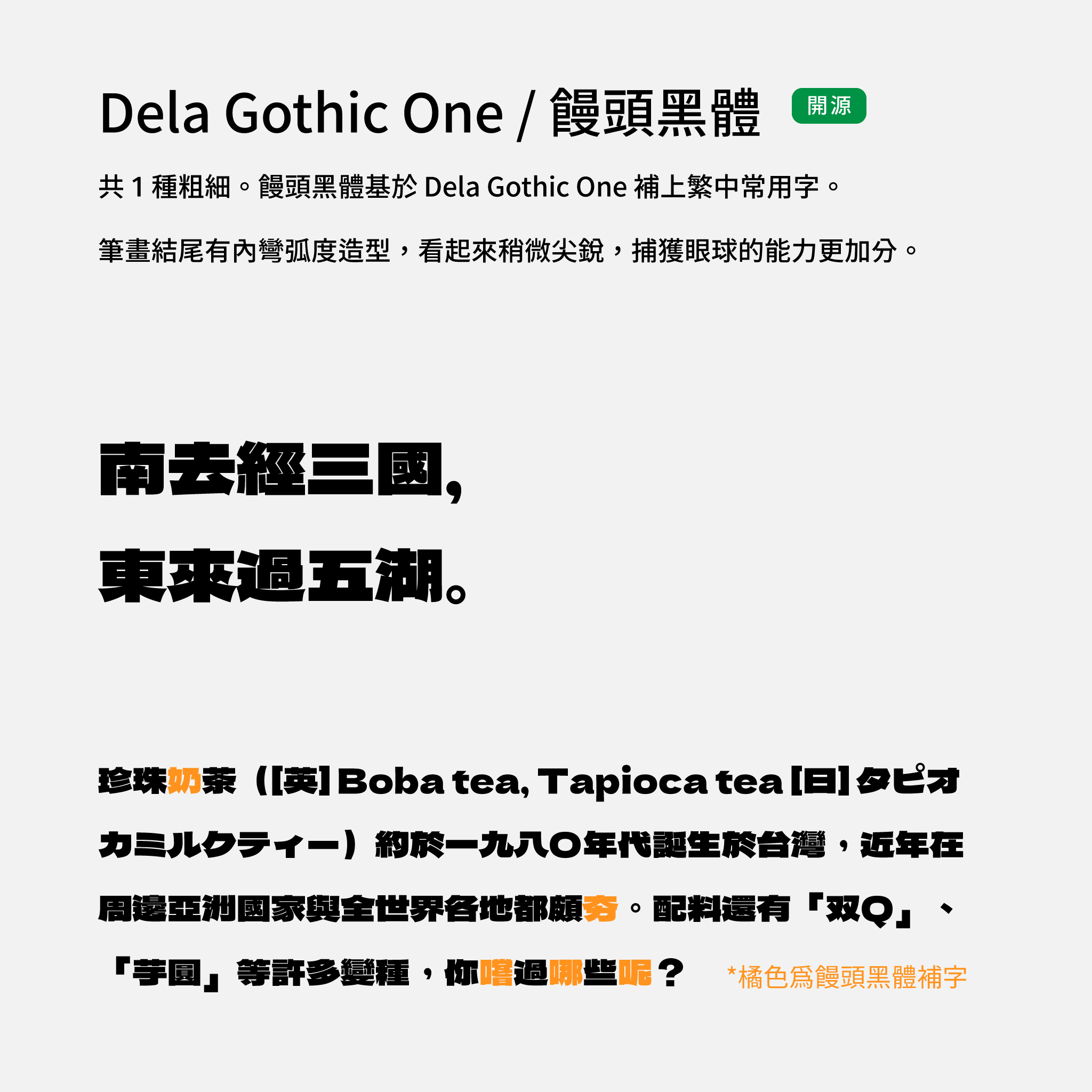 2024 推薦字體字樣展示：Dela Gothic One 與饅頭黑體。筆畫收尾有弧度，字體輪廓稍扁平，體現性格。開源字體可免費下載商用。