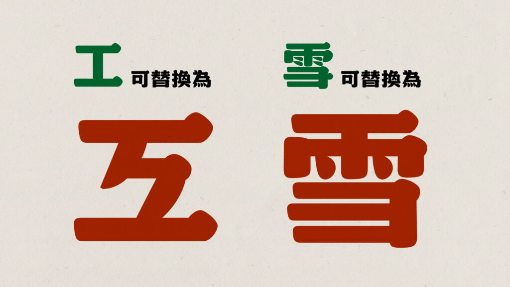 柑仔蜜替換字符舉例——風格化或簡化寫法。綠字：預設造型／紅字：特殊造型