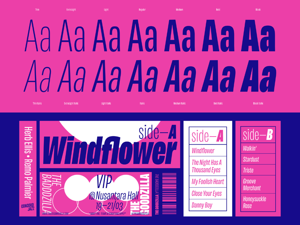 Maleo is a versatile display type with 14 styles ranging from thin to black with matching italics that stands out in headlines and exudes a charming personality.