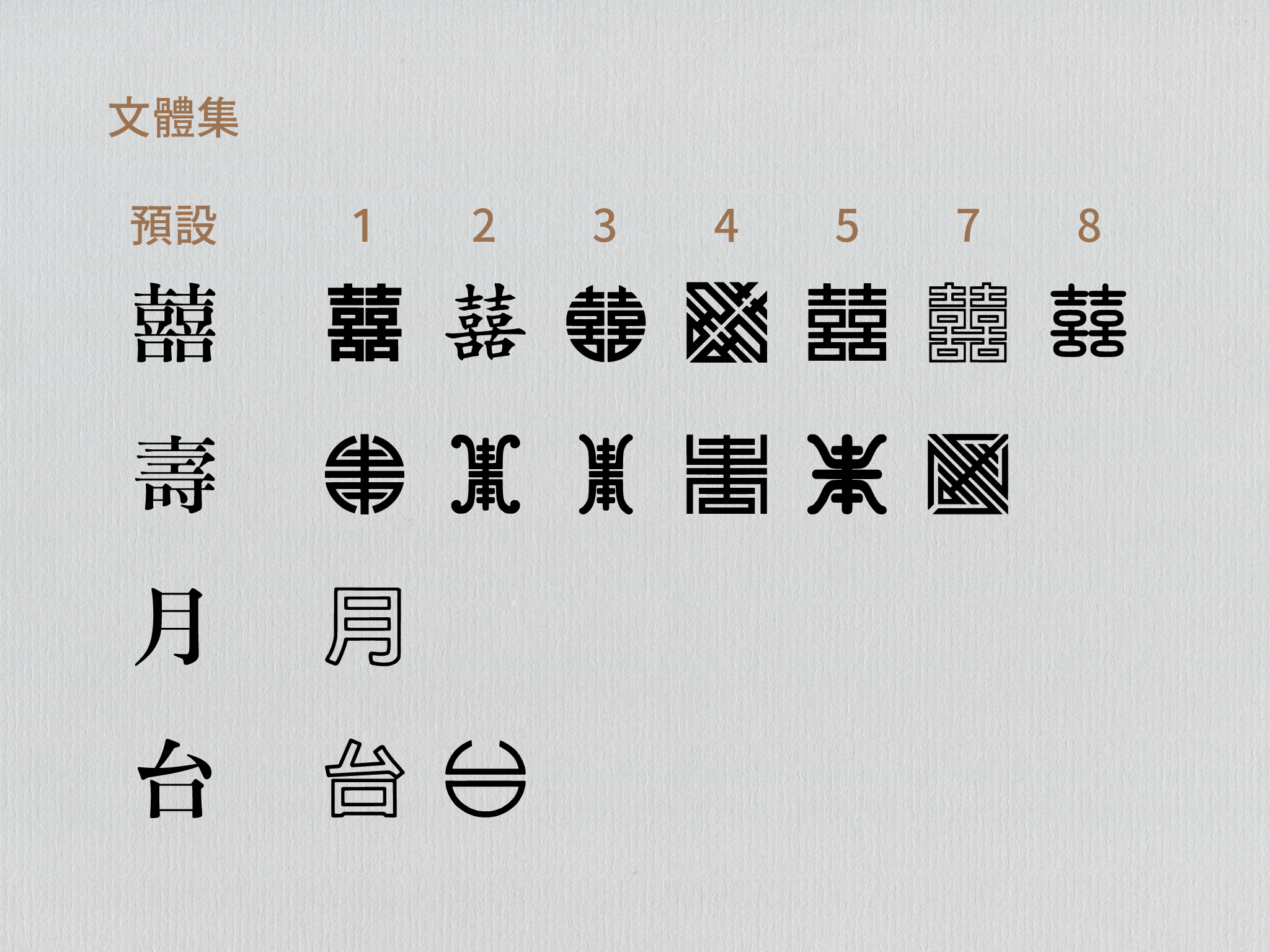 日星宋體貳號數位版中雙喜、壽、月、台都有相應的特殊圖樣