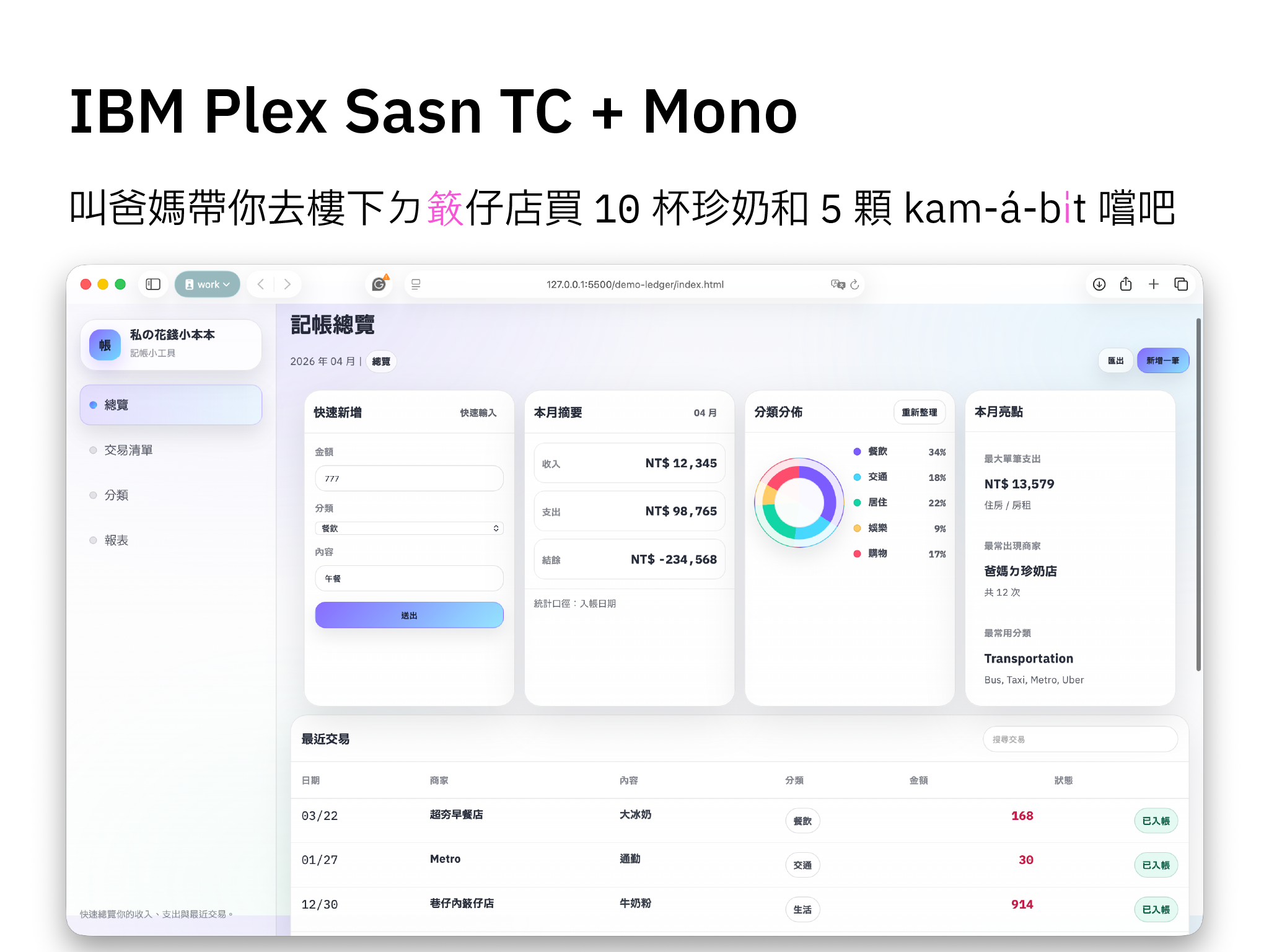 記帳小工具使用 IBM Plex Sans TC 搭配 Mono，製作清新簡潔的頁面