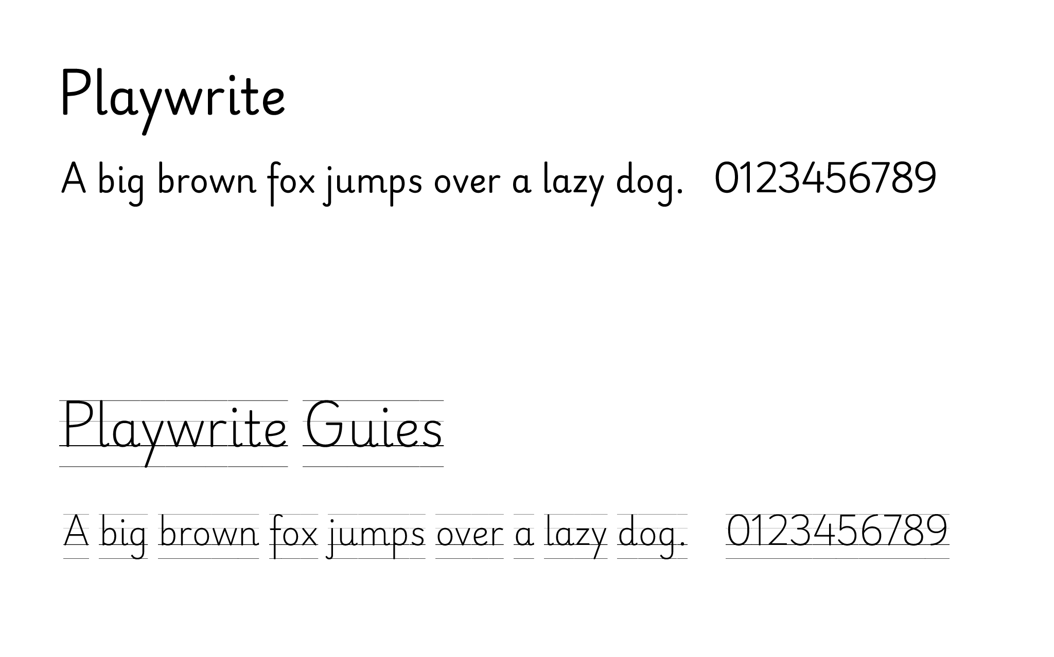 Playwrite 系列提供多種造形與相對應的格線版本，圖中範例為德國版的 DE Grund 與 DE Grund Guides