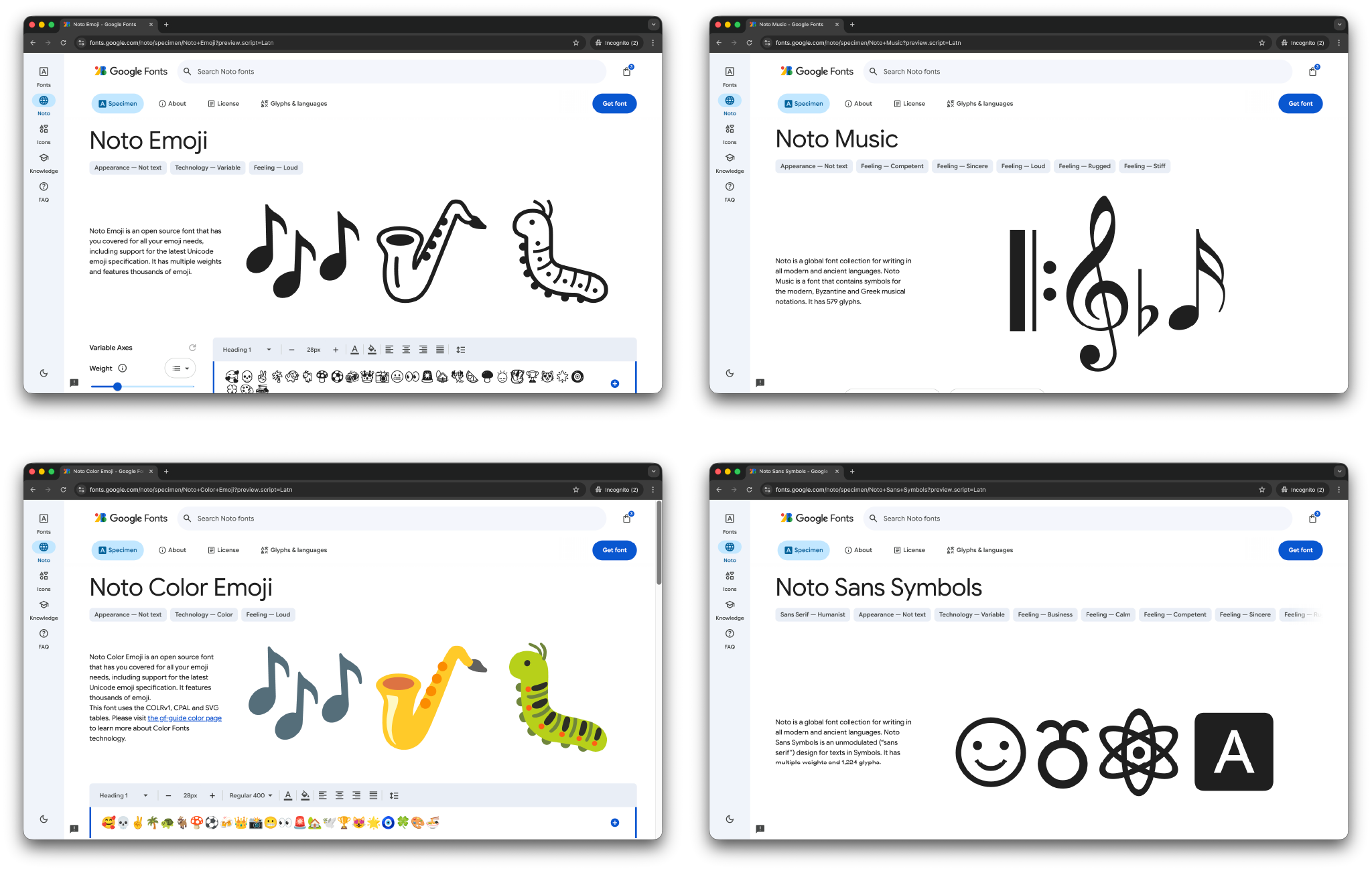 除了 Noto Emoji 之外，Noto 系列還提供多種圖樣選項，廣泛支援網頁可能的需求